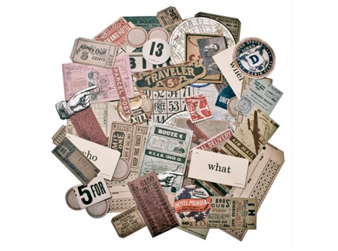 Various types of ephemera sit in a pile, including ticket stubs, stamps, and hotel business cards.