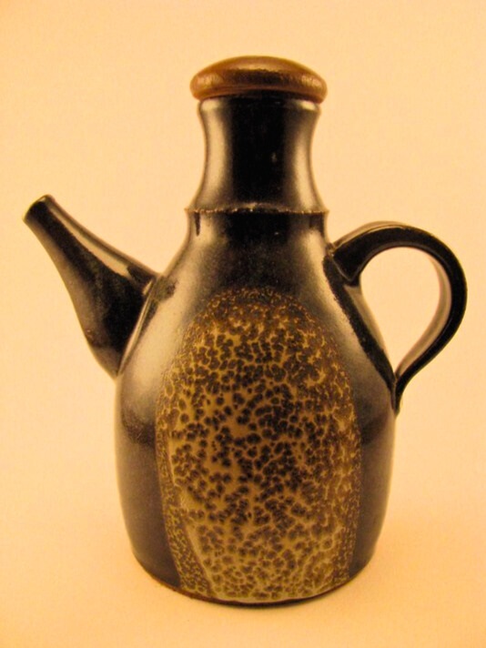 Cone 10 stoneware blue and yellow lidded bottle teapot.