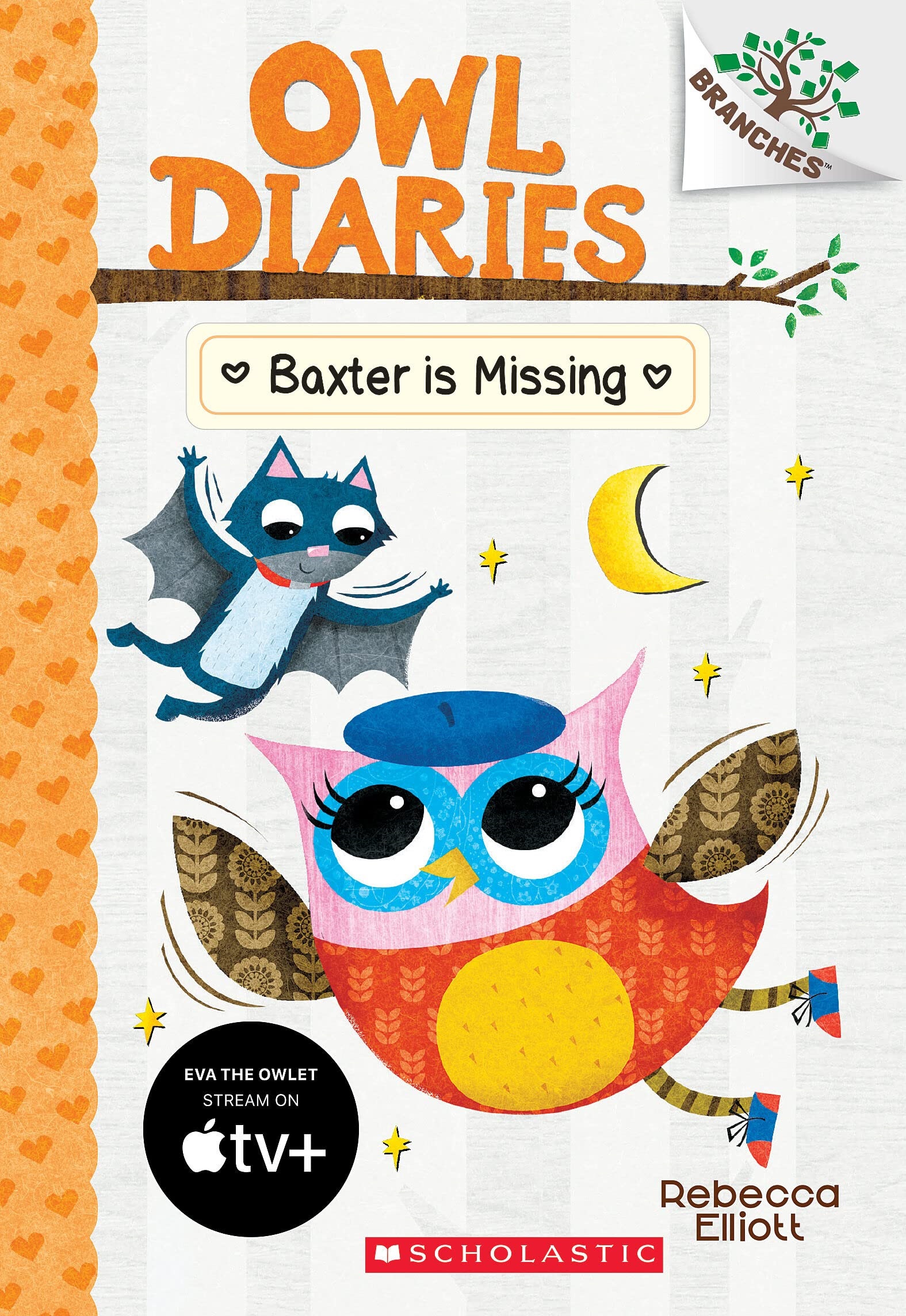 Book Cover for Baxter is Missing by Rebecca Elliott. A flying cartoon owl with red body and pink head wearing a blue beret below a flying cartoon navy blue bat surrounded by yellow stars and a crescent moon.