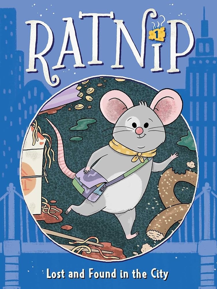 Book cover for Lost and Found in the City by Cam Higgins. A grey cartoon rat wearing a yellow bandana around the neck and a purple satchel walks next to a takeout box and half eaten pretzel.