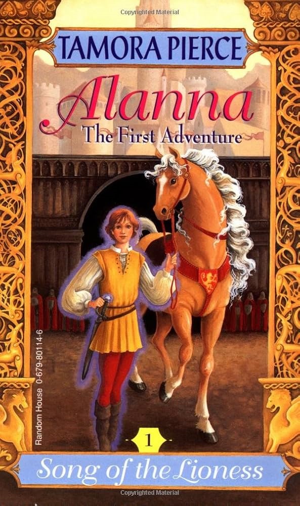 Book Cover: Alanna - Illustration of the titular character wearing a yellow tunic, red pants, and riding boots with a sword tied around waist standing next to a palomino horse