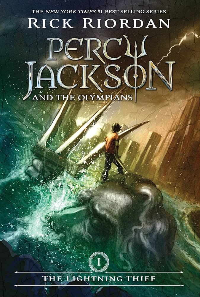 Book Cover: Percy Jackson and the Olympians - Illustration of the titular character standing atop a partially submerged statue of liberty sized head of Poseidon with a city skyline in the background