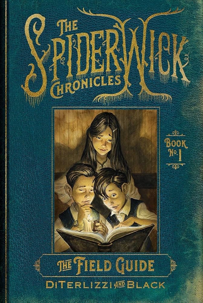 Book Cover: The Spiderwick Chronicles - Illustration of two boys sitting in front of a young female reading an open book by candlelight
