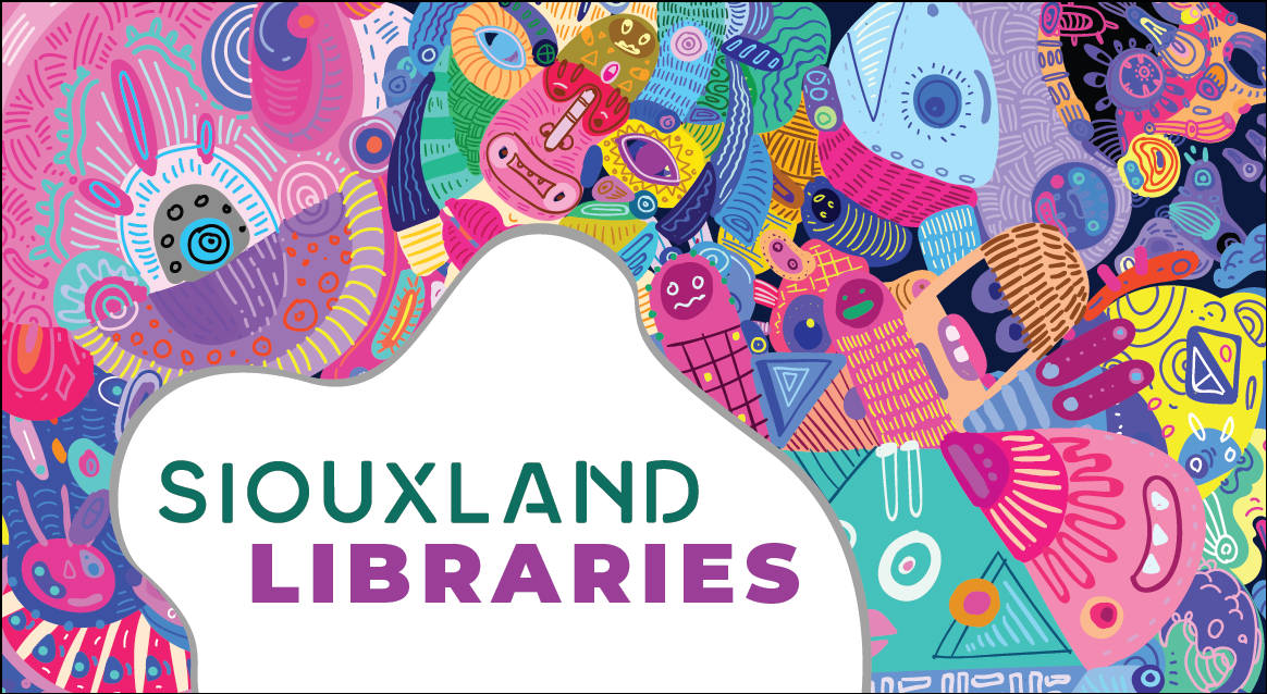 Library Card Design: A collage of fanciful cartoon like characters using a color palette of pink, purple, magenta, teal, yellow, light blue, and black.