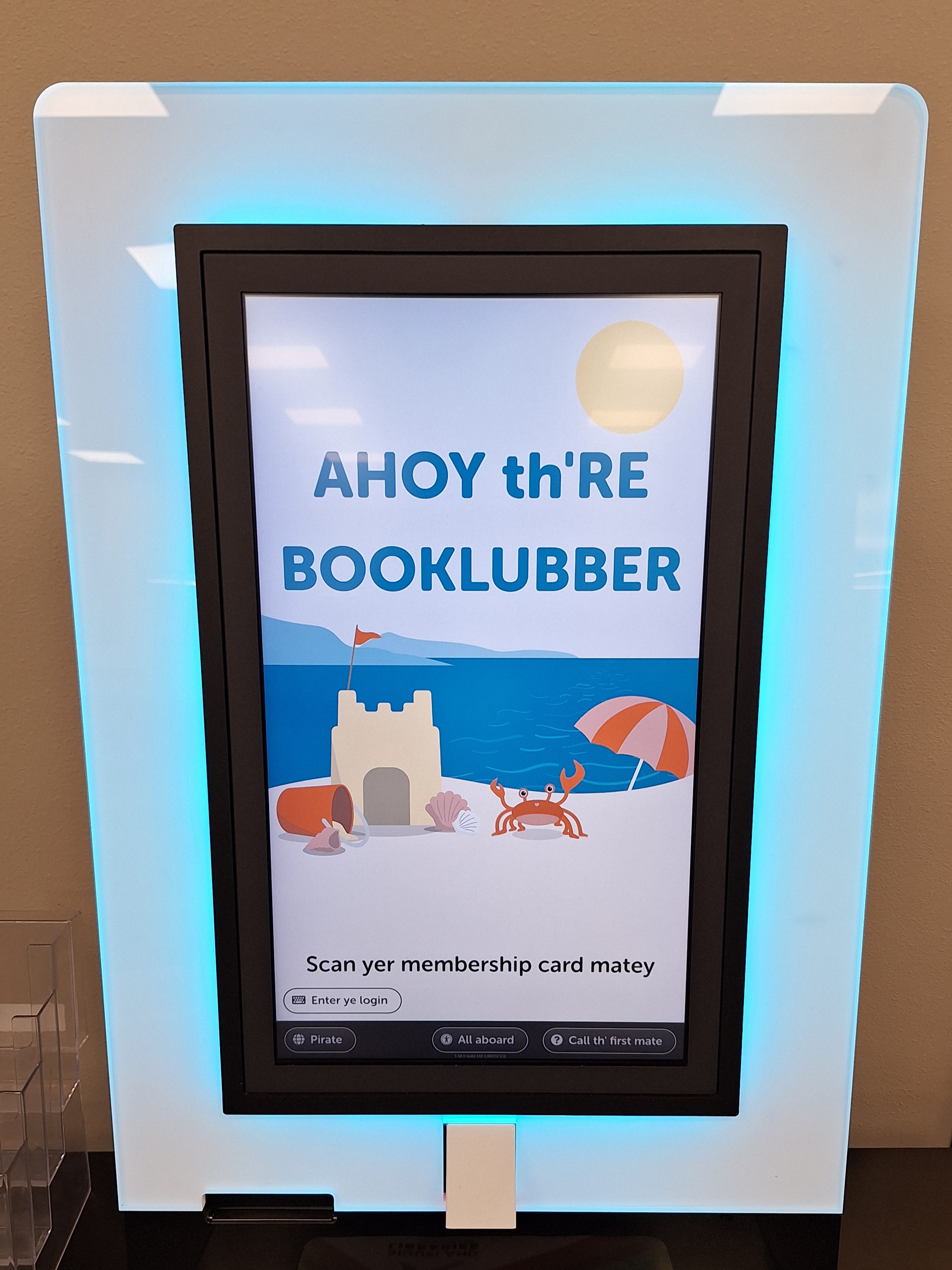 a self-check kiosk screen that says ahoy there booklubber
