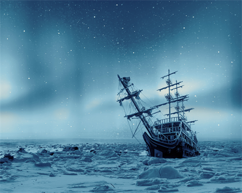 a 20th century ship locked in the ice pack in an arctic sea, with a starry sky and northern lights