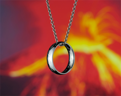 A gold ring strung on a necklace superimposed on a background of an erupting volcano.