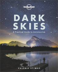 Book Cover: Dark Skies by Valerie Stimac A silhouette of a person standing on a dock gazing at a stary sky above a lake and mountain range