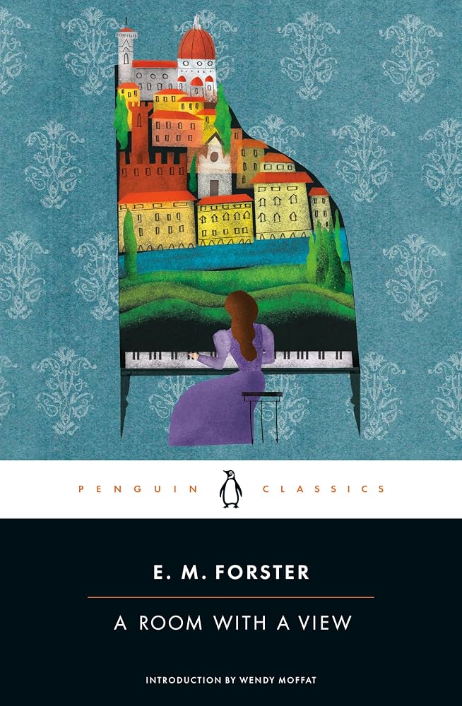 Book Cover: A Room With a View by E. M. Foster A woman in a purple gown sits at a grand piano playing. The piano is painted to look like an Italian countryside and village.