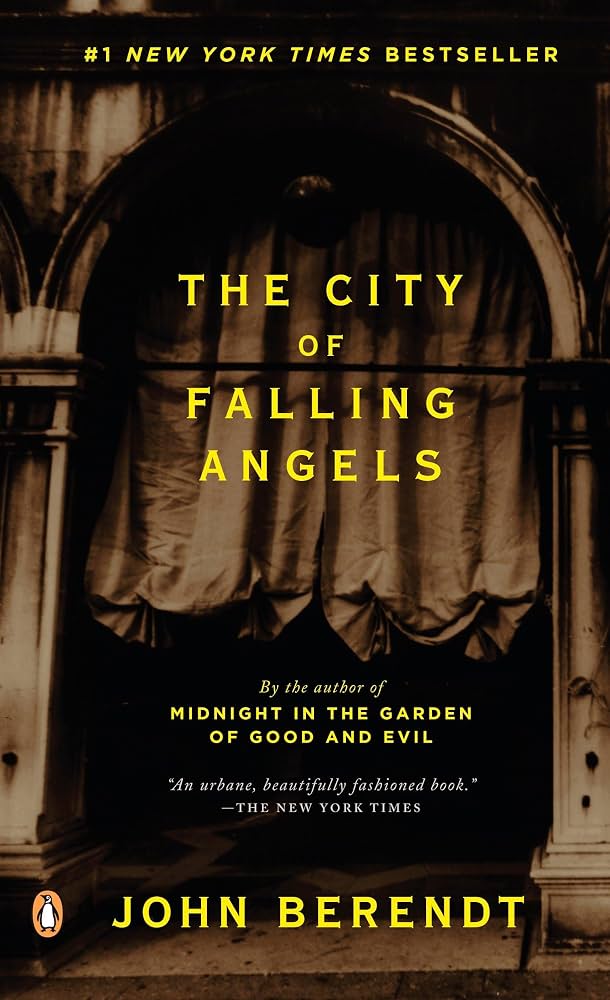 Book Cover: The City of Falling Angels by John Berendt A sepia toned architectural arch or entrance with a half drawn curtain obscuring the interior of the building