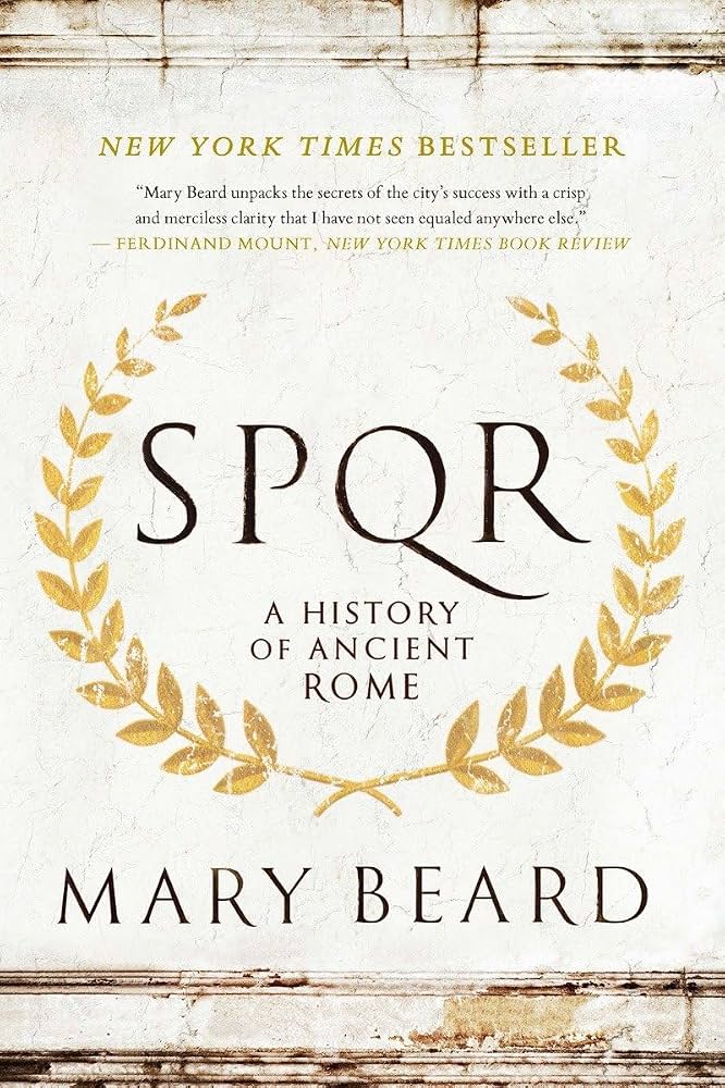 Book Cover: SPQR by Mary Beard A gilded laurel emblazened on a plane marble wall with architectural borders framing the top and bottom of the book cover.