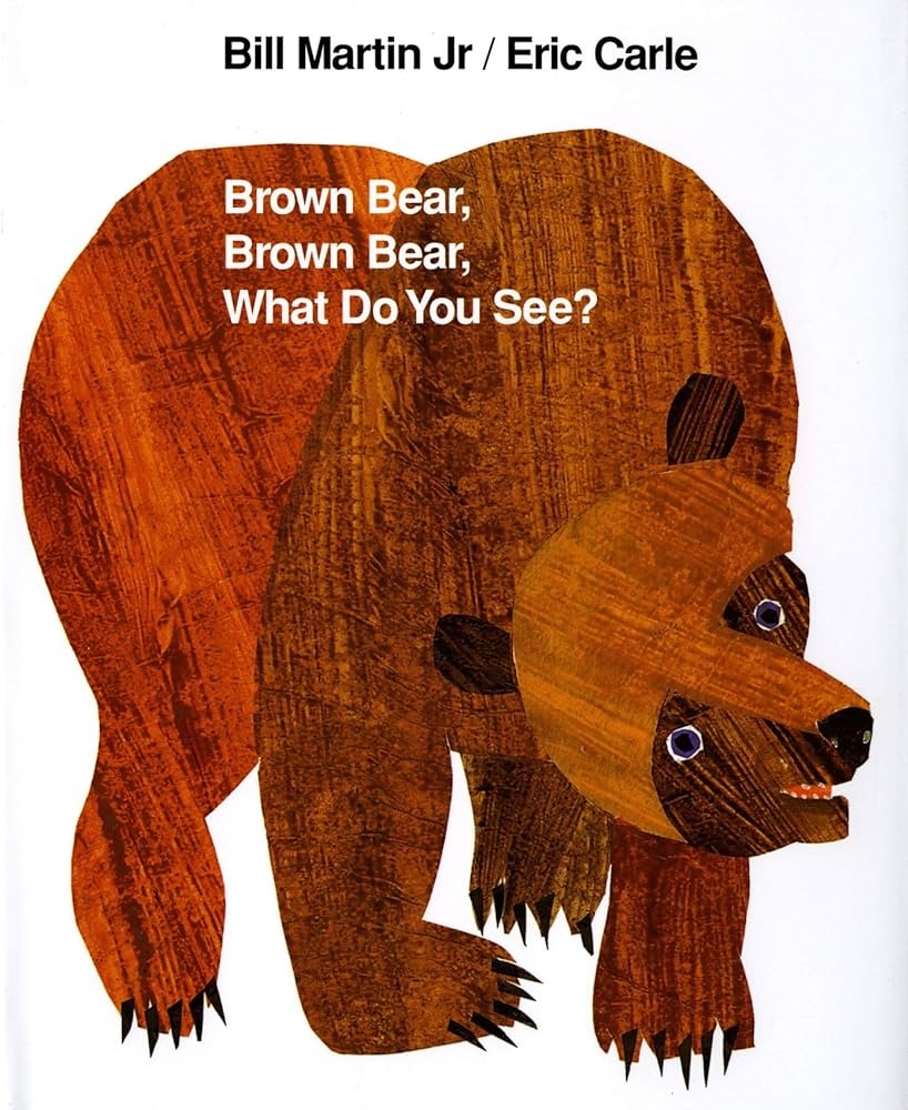 The book cover for Brown Bear, Brown Bear, What Do You See? pictures a brown bear made with collage.