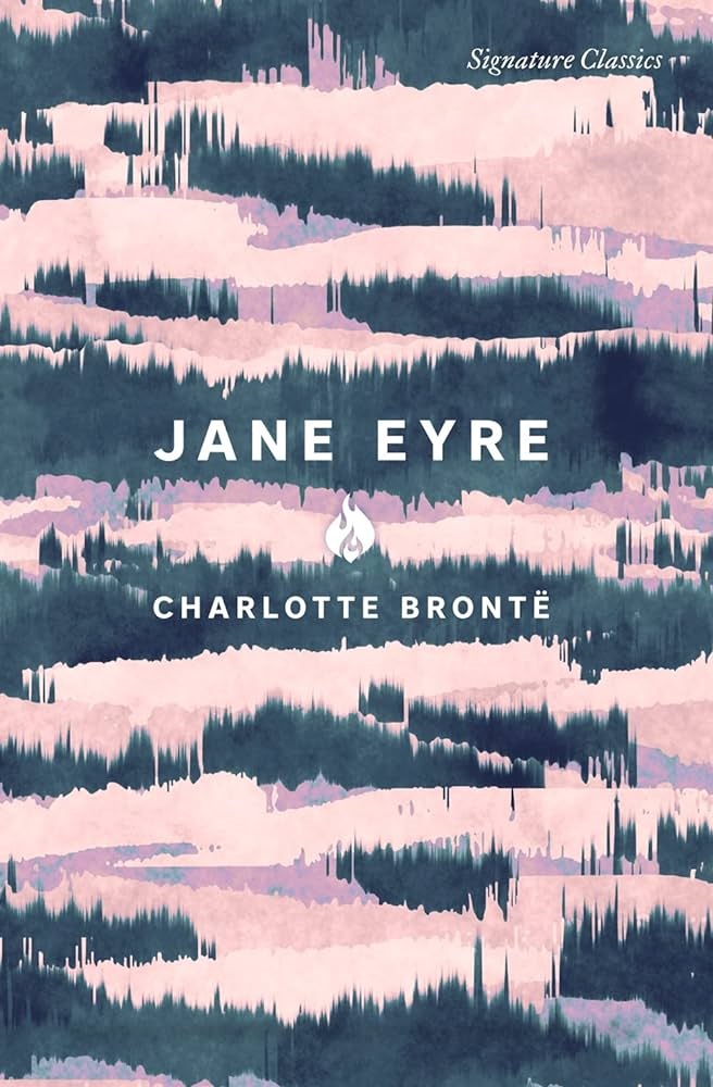 The book cover for Jane Eyre depicts an abstract landscape in blue and pink colors.