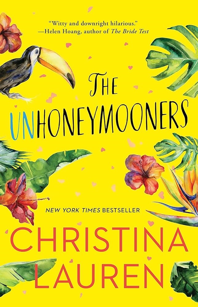 The book cover of The Unhoneymooners has a yellow background. A toucan and tropical flora decorate the margins.