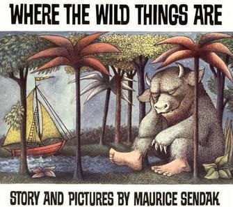 The book cover for Where the Wild Things Are depicts a drawing of a large horned beast napping among some trees, near a sailboat.